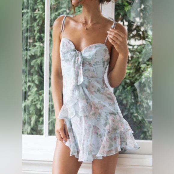 Sky Blue Floral Tied Printed Sweetheart Neck Cami Dress - Picture 1 of 3